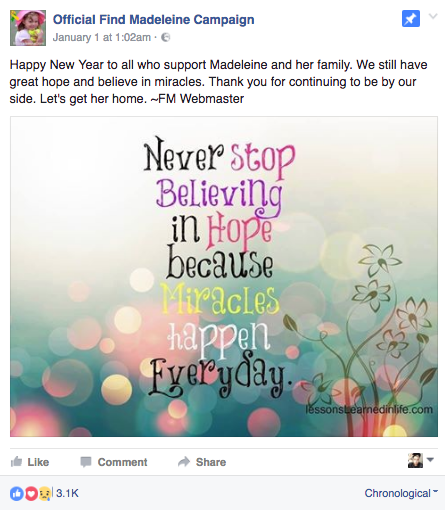 Försvunna Madeleine McCanns officiella Facebook-sida